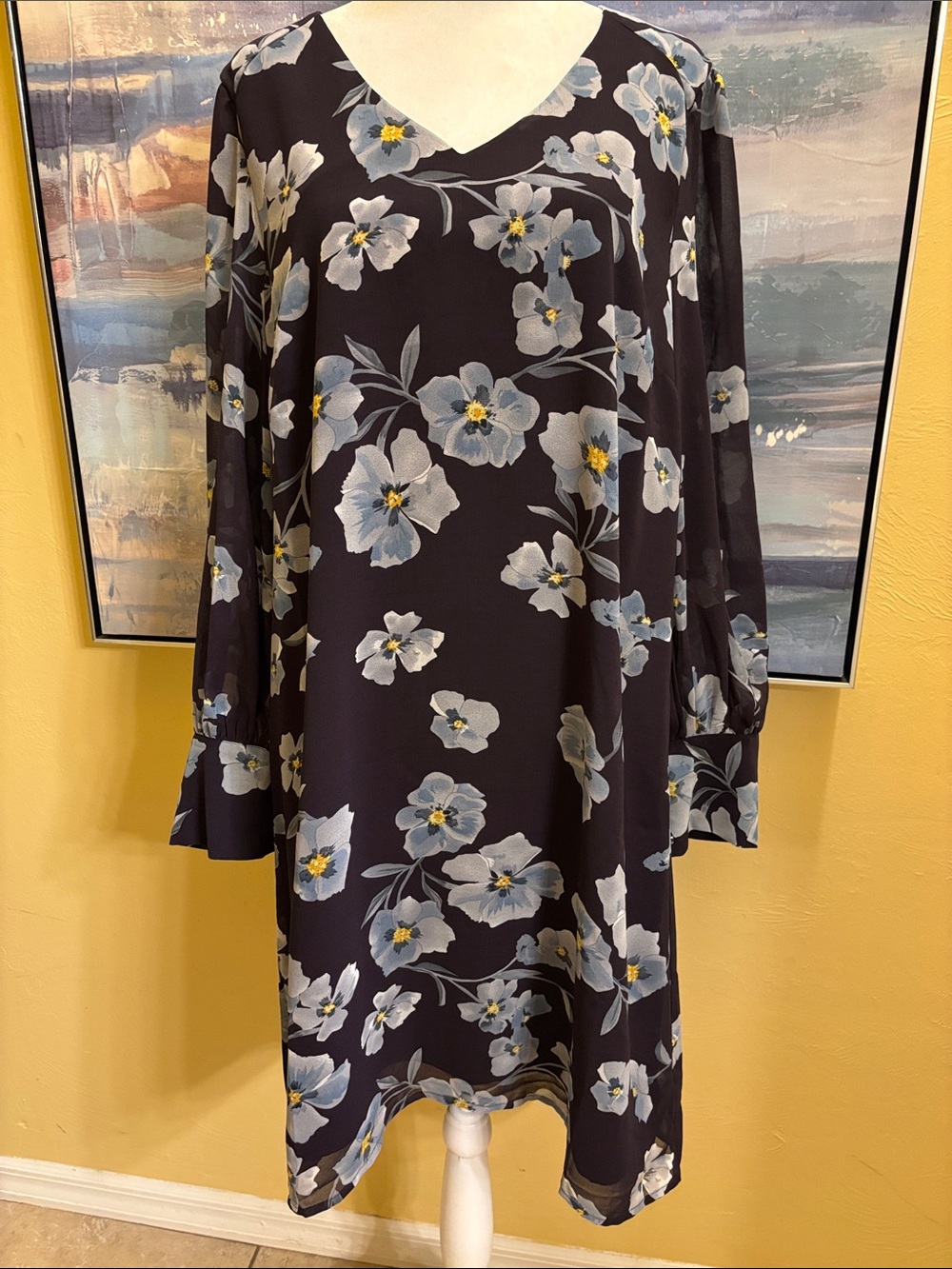 CAbi Black V-Neck Dress with Blue Floral Print